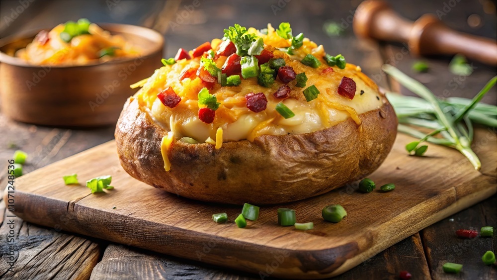 A Warm, Golden Baked Potato Topped with Melted Cheese, Bacon, and Spring Onions, Served on a Rustic Wooden Cutting Board A Warm, Golden Baked Potato Topped with Melted Cheese, Bacon, and Spring Onions, Served on a Rustic Wooden Cutting Board