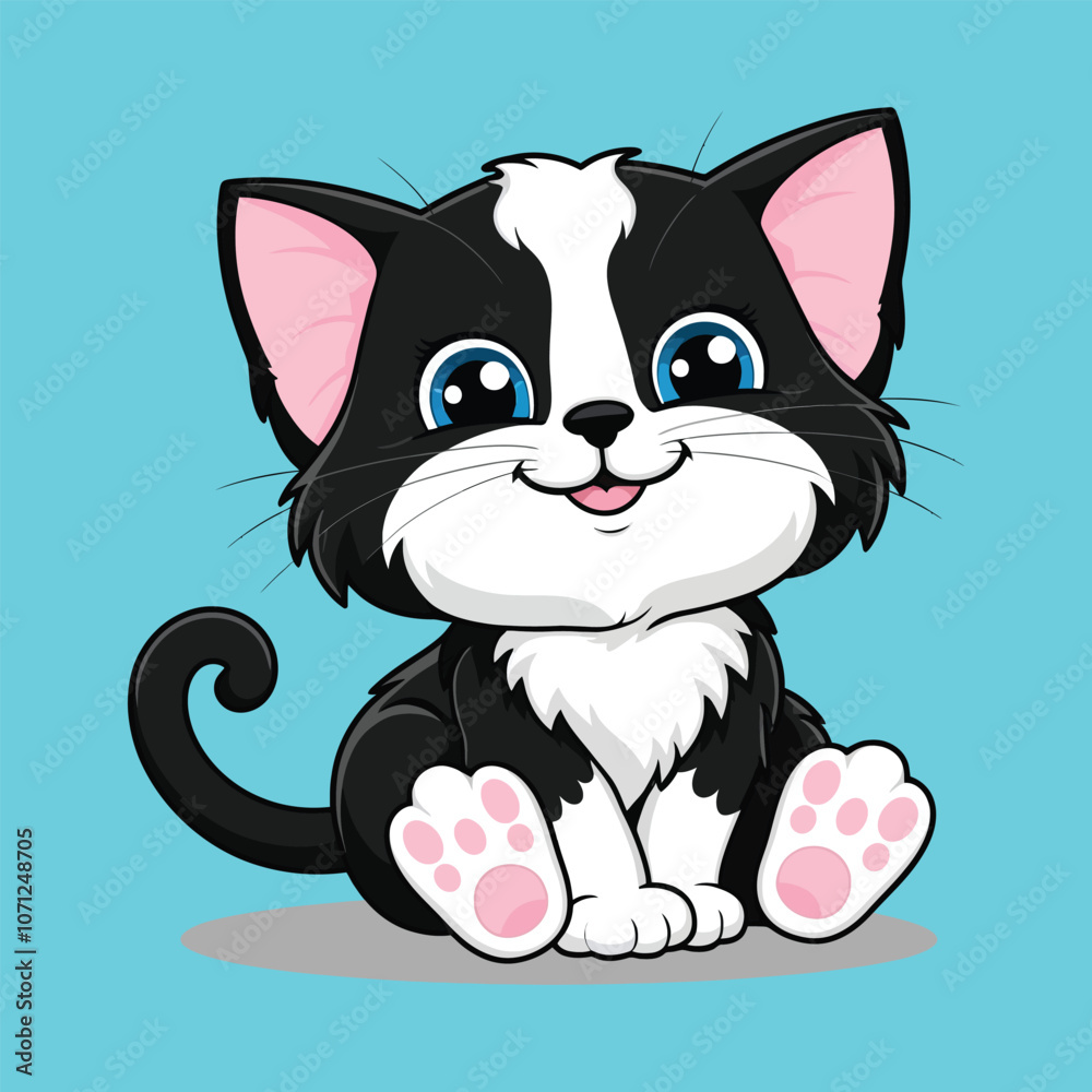 Obraz premium Vector,Adorable Cartoon Cat Illustration,Smiling Black and White Cat Character,Cute Sitting Kitten Vector Illustration 
