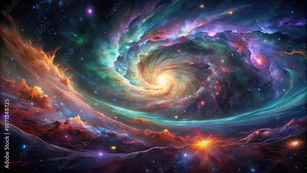 A swirling nebula illuminated by a radiant star, casting an ethereal glow across a landscape of celestial mountains and valleys. A swirling nebula illuminated by a radiant star, casting an ethereal glow across a landscape of celestial mountains and valleys.