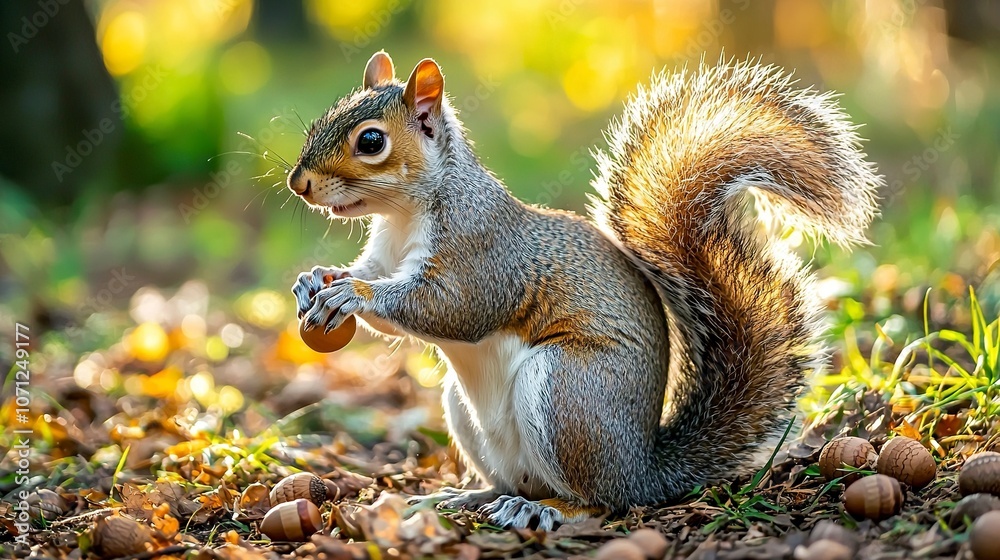 Soft morning light, in the forest, with squirrels collecting acorns, medium shot, close-up of a squirrel, very realistic, photo quality, ultra-clear, generative ai Soft morning light, in the forest, with squirrels collecting acorns, medium shot, close-up of a squirrel, very realistic, photo quality, ultra-clear, generative ai