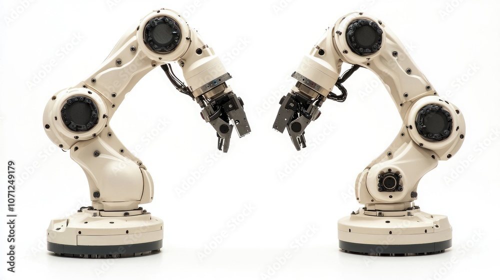 Two robotic arms facing each other on a white background.