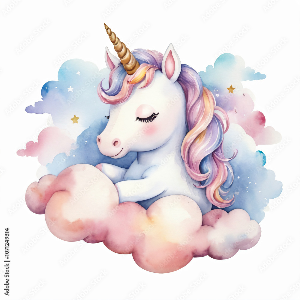 An unicorn sleeps peacefully on fluffy clouds in a watercolor dream. An unicorn sleeps peacefully on fluffy clouds in a watercolor dream.