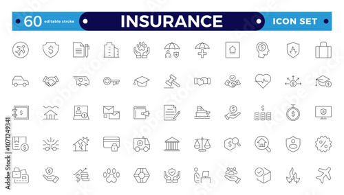 Insurance Outline icons set. Life, medical, car, travel, house, healthcare, money and social insurance, education, insurance, law, government  thin line icon pack. Editable stroke outline icon.