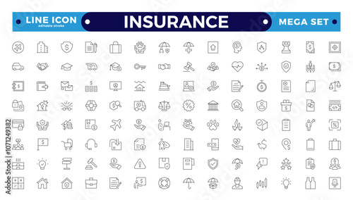 Insurance Outline icons set. Life, medical, car, travel, house, healthcare, money and social insurance, education, insurance, law, government  thin line icon pack. Editable stroke outline icon.