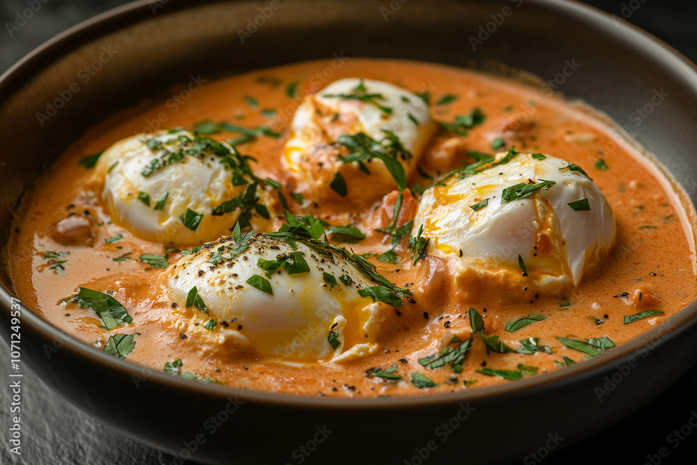 Boiled eggs with creamy tomato sauce and fresh balsamic in serving bowl on black background Boiled eggs with creamy tomato sauce and fresh balsamic in serving bowl on black background