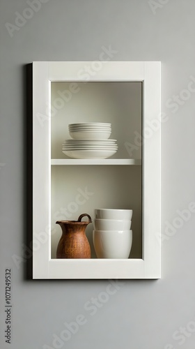 A white cabinet with a glass door and shelves filled with bowls and plates photo