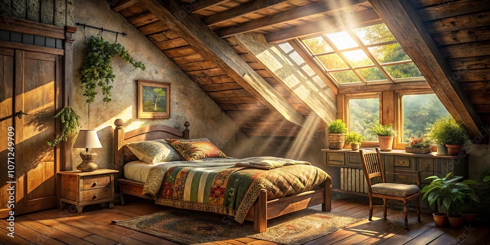 Sunbeams illuminating a rustic bedroom with a wooden bed and a view of nature through a window Sunbeams illuminating a rustic bedroom with a wooden bed and a view of nature through a window