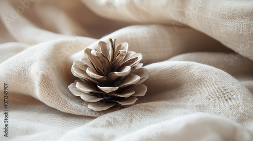 pine cone on a soft, textured fabric such as linen or cotton in a neutral color like light beige, ivory, or pale grey.  photo