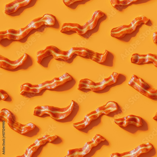 3d crispy bacon on orange background, seamless pattern design