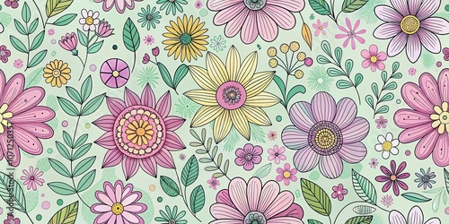 A vibrant green background adorned with delicate, hand-drawn blossoms in a tapestry of pastel pink, soft yellow, and light blue hues, creating a visually captivating and tranquil floral motif.