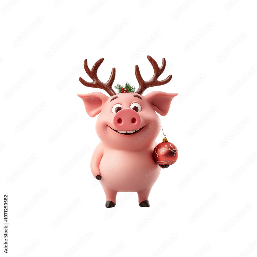 Cute Pig Wearing Reindeer Antlers and Holding Christmas Ornament Cute Pig Wearing Reindeer Antlers and Holding Christmas Ornament