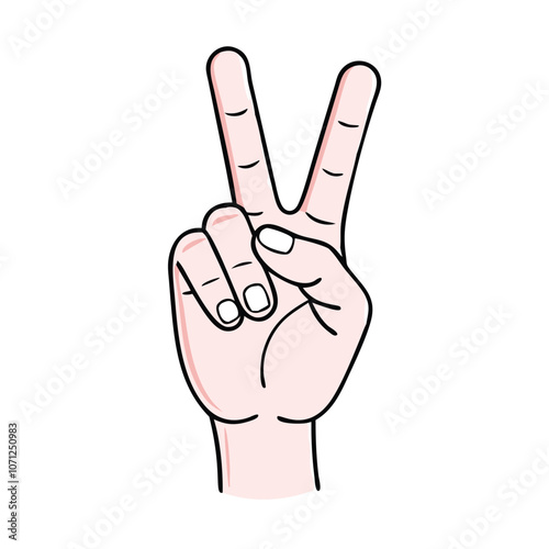 Simple Peace Hand Gesture Illustration, Clean line drawing of a hand making a peace sign with two raised fingers, symbolizing positivity, victory, and calm.
