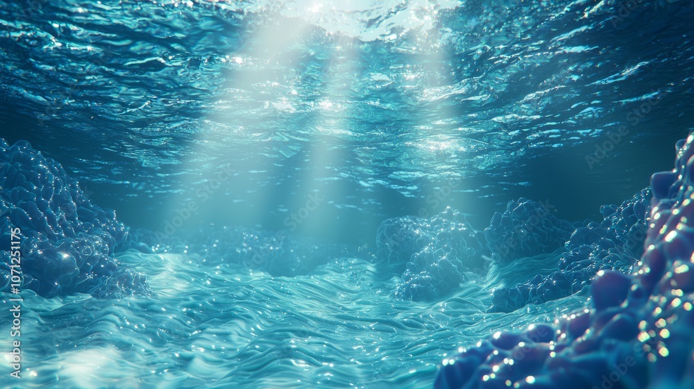 Serene Underwater Landscape with Collagen Structures Mimicking Gentle Waves | Ultra-Detailed 3D Render Illustration of Tranquil Subaquatic Scenery with Soft Illumination