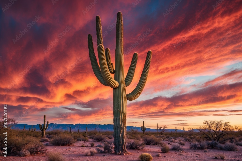 A cactus standing tall in a desert landscape with vibrant red skies at sunset. Created with generative AI technology A cactus standing tall in a desert landscape with vibrant red skies at sunset. Created with generative AI technology