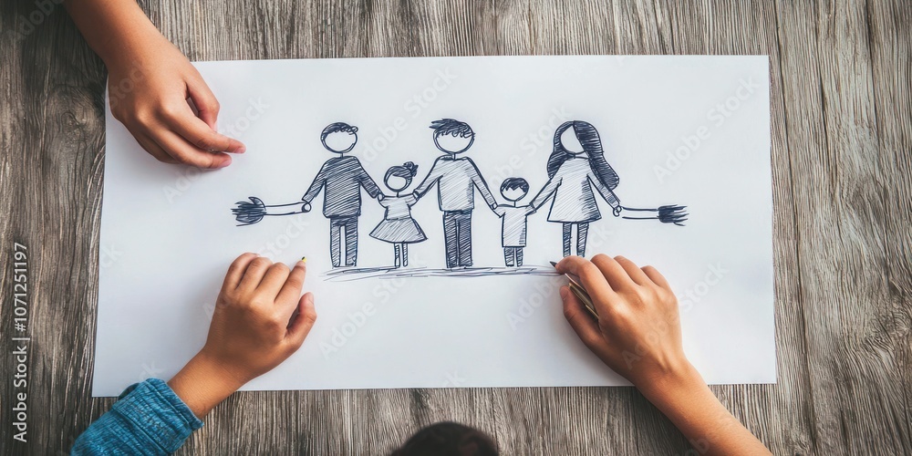 Obraz premium An overhead shot of a child’s hand creating a drawing of their family on a large sheet of paper