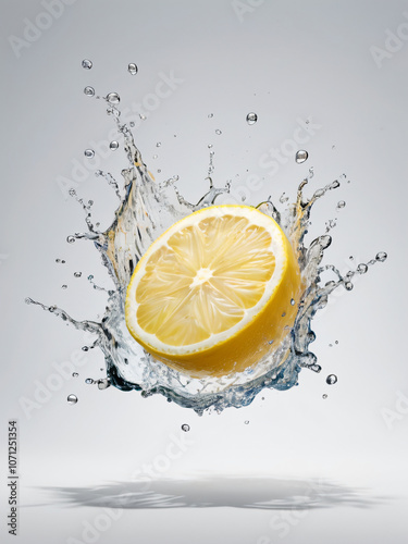 Sliced lemons splash water, highlighting their zesty appeal.