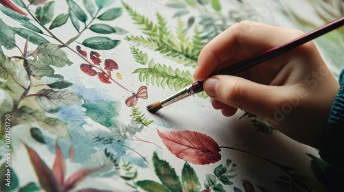 A childâ€™s hand holding a paintbrush, adding details to a nature-themed drawing photo