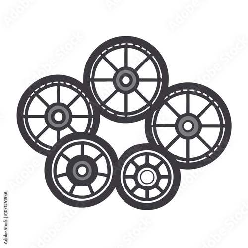 Cluster of Five Black Car Wheels Icon, Icon depicting a group of five black car wheels with detailed spokes, symbolizing automotive parts, mechanics, and vehicle components.
