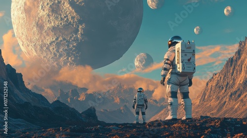 Astronauts on Alien Planet with Multiple Moons Landscape, Science Fiction Concept photo