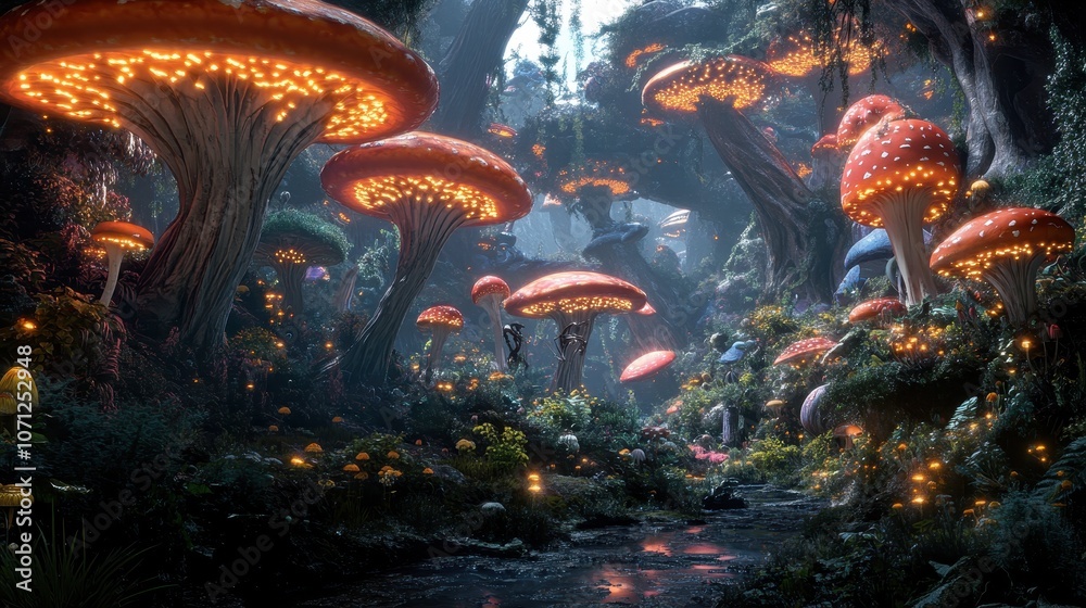 Obraz premium Enchanted Forest with Glowing Mushrooms and Stream - Fantasy Nature Scene.