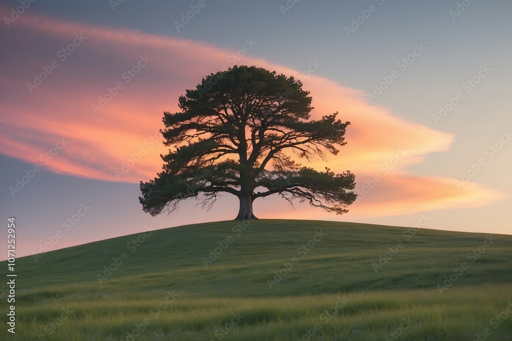 A solitary tree on a hill with a sunset backdrop. Created with generative AI technology A solitary tree on a hill with a sunset backdrop. Created with generative AI technology