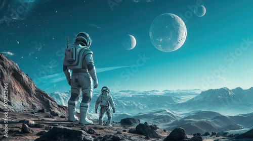 Astronauts Standing on Alien Planet with Multiple Moons in the Sky - Sci-Fi Space Exploration Artwork photo