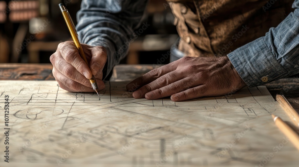 A hand drawing geometric patterns on a large sheet of paper, emphasizing precision A hand drawing geometric patterns on a large sheet of paper, emphasizing precision