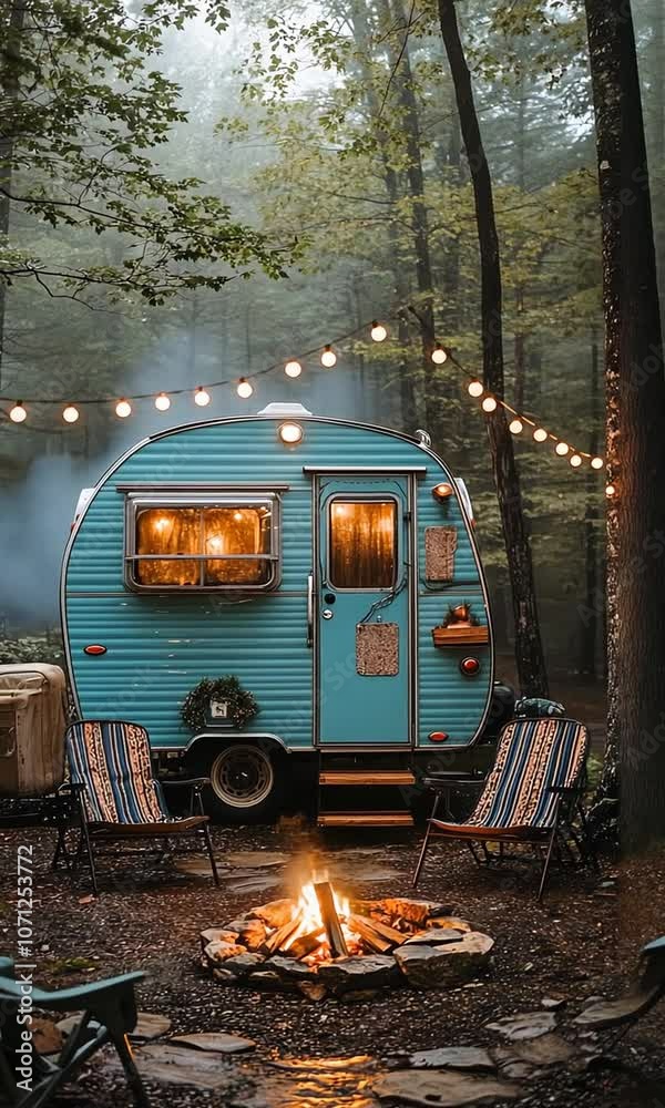 A blue camper van parked in a forest with a bonfire in front of it.