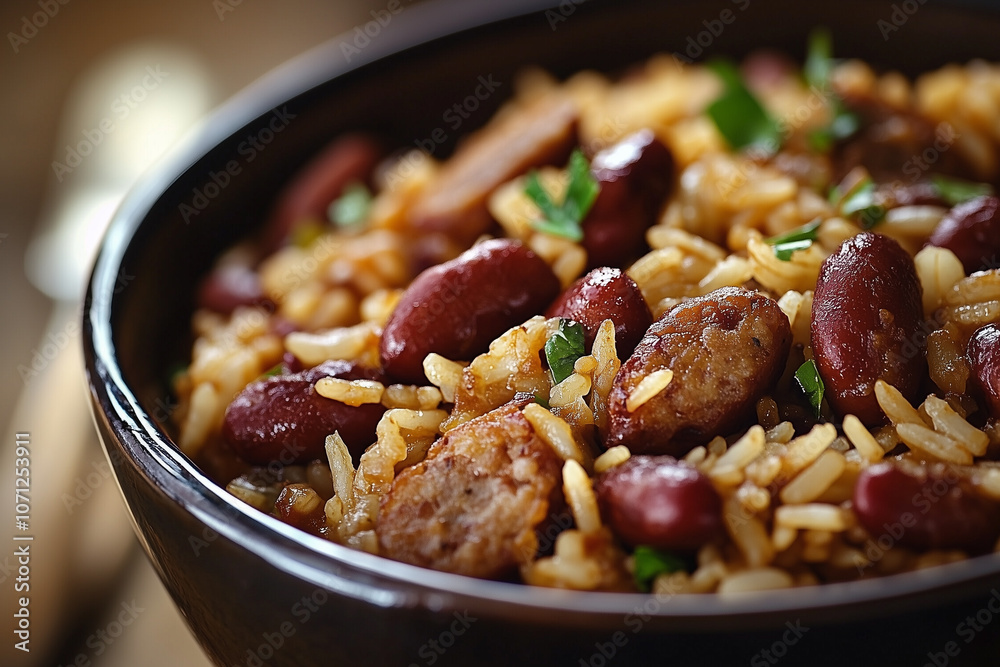 Classic meal of red beans with rice and sausage served in a bowl Classic meal of red beans with rice and sausage served in a bowl