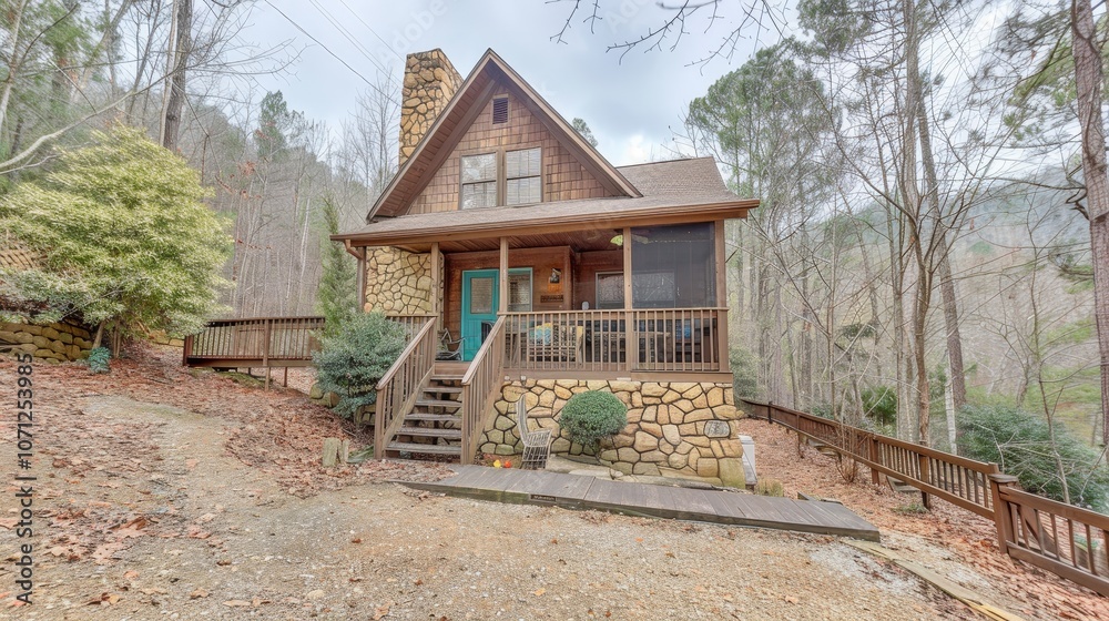 Fototapeta premium A charming stone house nestled in the woods, surrounded by greenery and fallen leaves, offering a cozy retreat in nature.