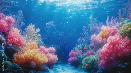 Wallpaper Mural Vibrant underwater scene with colorful coral reefs, fish, and sunlight. Torontodigital.ca