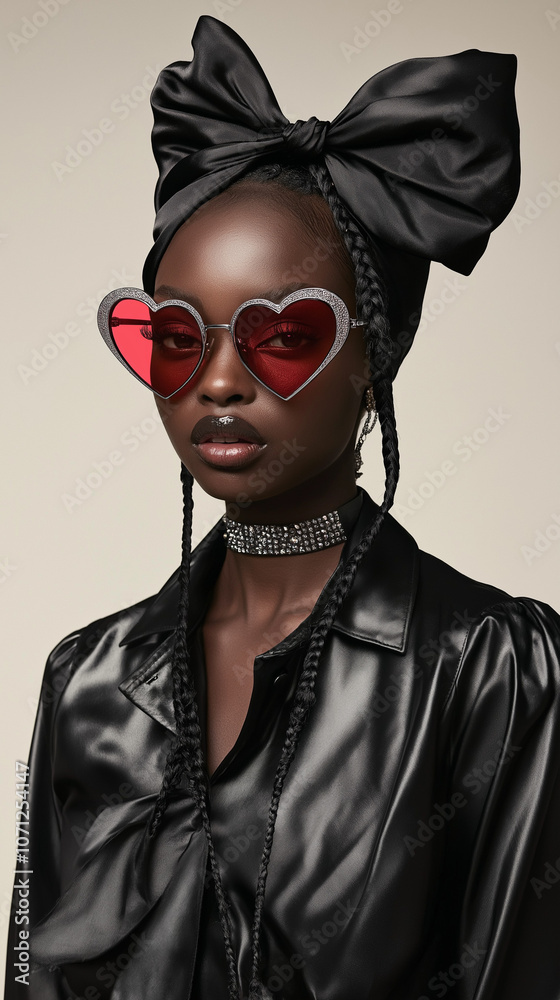 Elegant look with a black satin bow and stylish red heart-shaped glasses Elegant look with a black satin bow and stylish red heart-shaped glasses