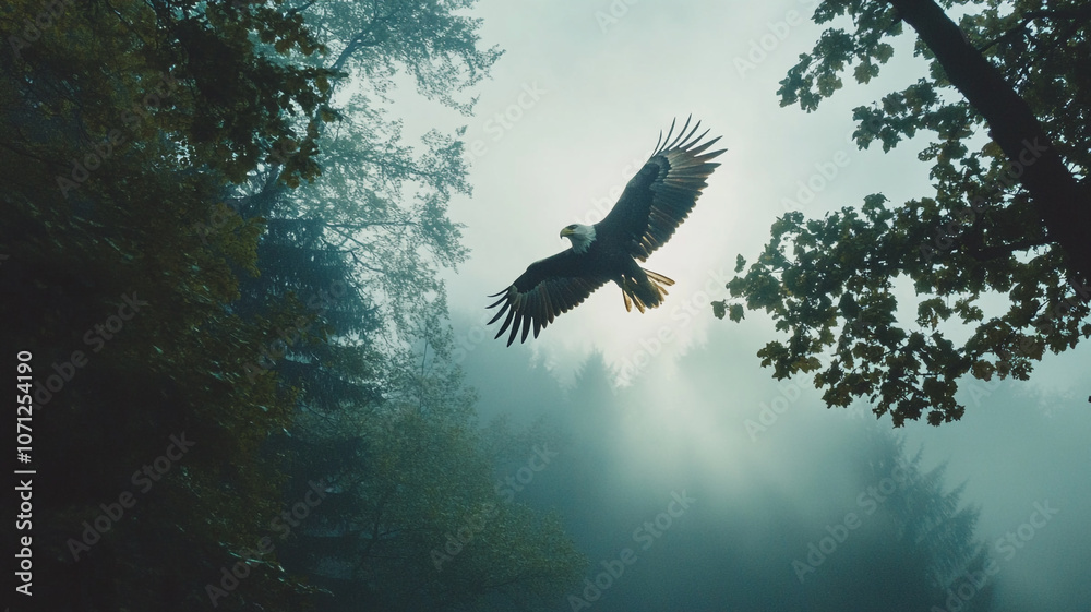 Fototapeta premium Majestic eagle soaring through a misty forest during early morning light