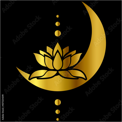 golden lotus flower and crescent moon spiritually healthy lifestyle, spa and yoga, Lotus Blossoms balance harmony vector icon symbol