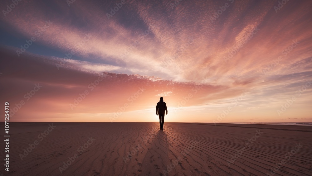One person walking on a wide sandy beach at sunset, silhouetted against a vast, open sky. Created with generative AI technology One person walking on a wide sandy beach at sunset, silhouetted against a vast, open sky. Created with generative AI technology