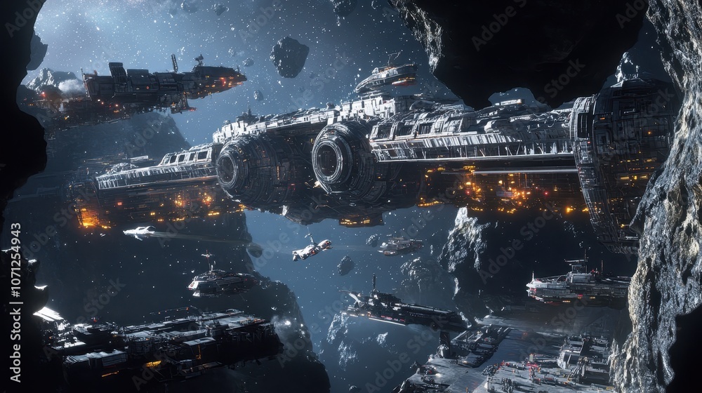 custom made wallpaper toronto digitalFuturistic Spaceship Docked in Asteroid Field - Sci-Fi Concept Art.