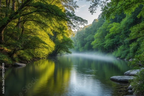 Peaceful river flowing through a dense forest, vibrant green foliage. Created with generative AI technology