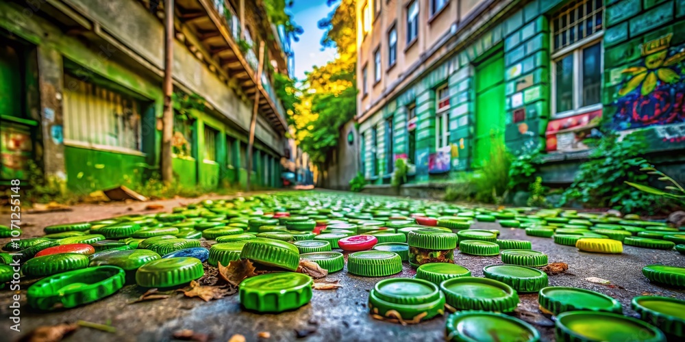 Fototapeta premium Urban Exploration of Reusable Green Bottle Caps: A Journey through Sustainability and Recycling in Cityscapes and Nature's Blend of Urban Life