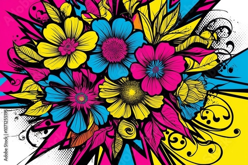 Pop Art bold floral bouquet with vibrant colors and fine detail. Created with generative I technology