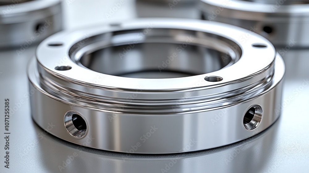 Close-up of a shiny, silver metal ring with four holes and a grooved surface. Close-up of a shiny, silver metal ring with four holes and a grooved surface.