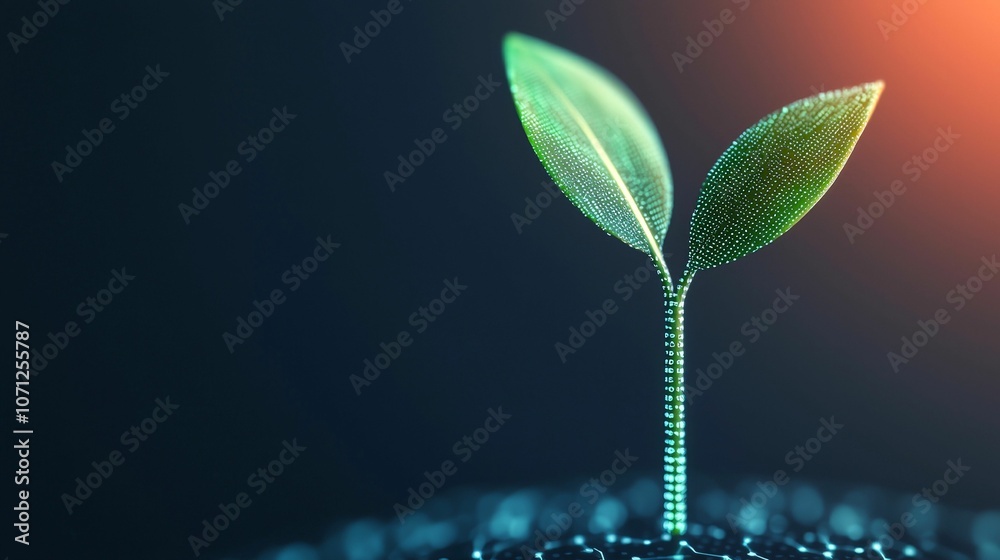 A vibrant, digital sprout emerges from a soil-like surface, symbolizing growth and innovation in a futuristic setting. A vibrant, digital sprout emerges from a soil-like surface, symbolizing growth and innovation in a futuristic setting.