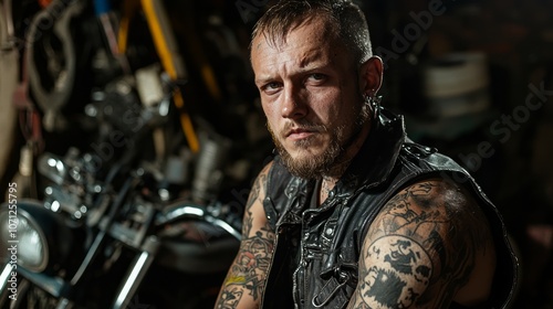 Wallpaper Mural Tough Biker Gang Member with Tattoos and Leather Vest Standing by Motorcycle, Embodying Rebellious Spirit and Camaraderie Torontodigital.ca