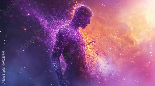 Abstract Cosmic Silhouette of a Man in Purple and Orange Nebula with Stars