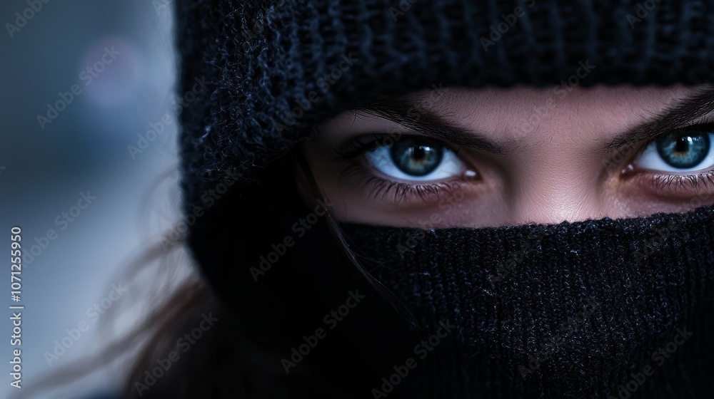 Stealthy Female Burglar in Ski Mask Peering Through Shadows with Determined Look on Darkened Street Background Stealthy Female Burglar in Ski Mask Peering Through Shadows with Determined Look on Darkened Street Background