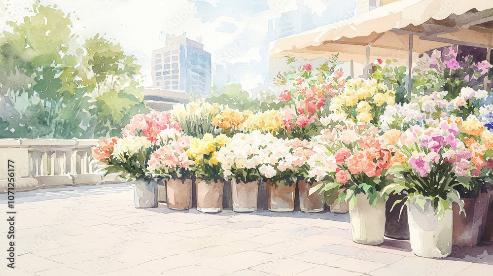 Fototapeta premium A vibrant flower market featuring colorful blooms in pots, set against a sunny backdrop with greenery and buildings in the distance.