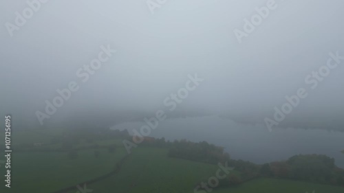 High Angle View of Countryside of Blagdon, Bristol, Avon, England UK During Foggy and Cloudy Morning. photo