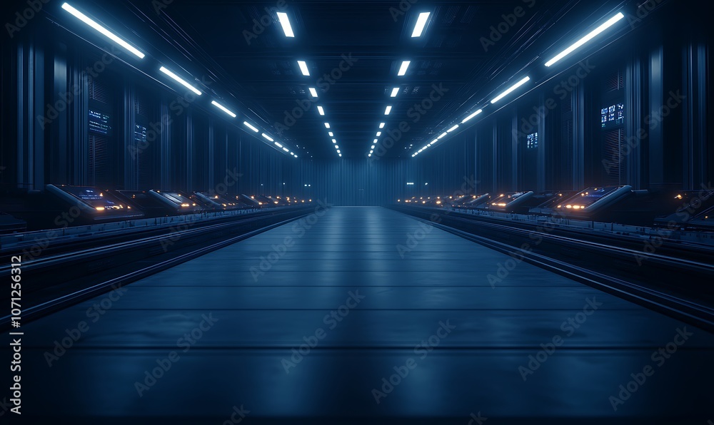 A dimly lit, futuristic corridor featuring rows of lights and sleek surfaces, evoking a high-tech, industrial atmosphere. A dimly lit, futuristic corridor featuring rows of lights and sleek surfaces, evoking a high-tech, industrial atmosphere.