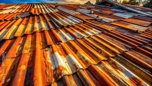 A weathered corrugated metal roof displays the artistry of time, with rust forming intricate patterns and layers, revealing a story of resilience and enduring strength.