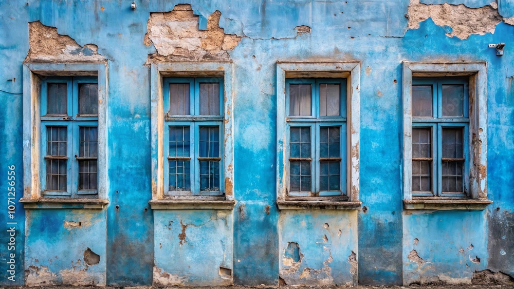 A weathered facade of a building with faded blue paint and four windows, revealing the passage of time and the enduring presence of architecture.