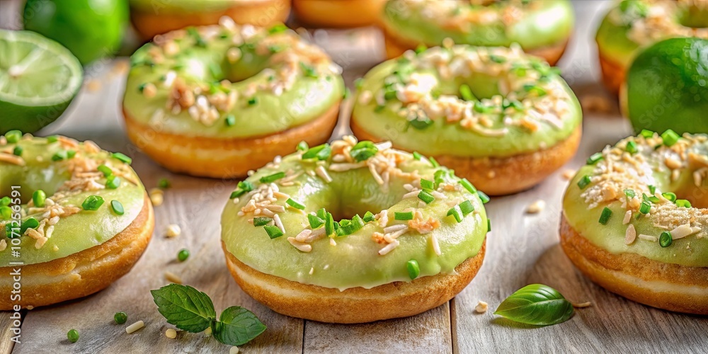 A Delightful Display of Glazed Doughnuts Topped with Green Onions and Coconut Flakes, Nestled Among Sprigs of Fresh Herbs on a Weathered Wooden Surface A Delightful Display of Glazed Doughnuts Topped with Green Onions and Coconut Flakes, Nestled Among Sprigs of Fresh Herbs on a Weathered Wooden Surface